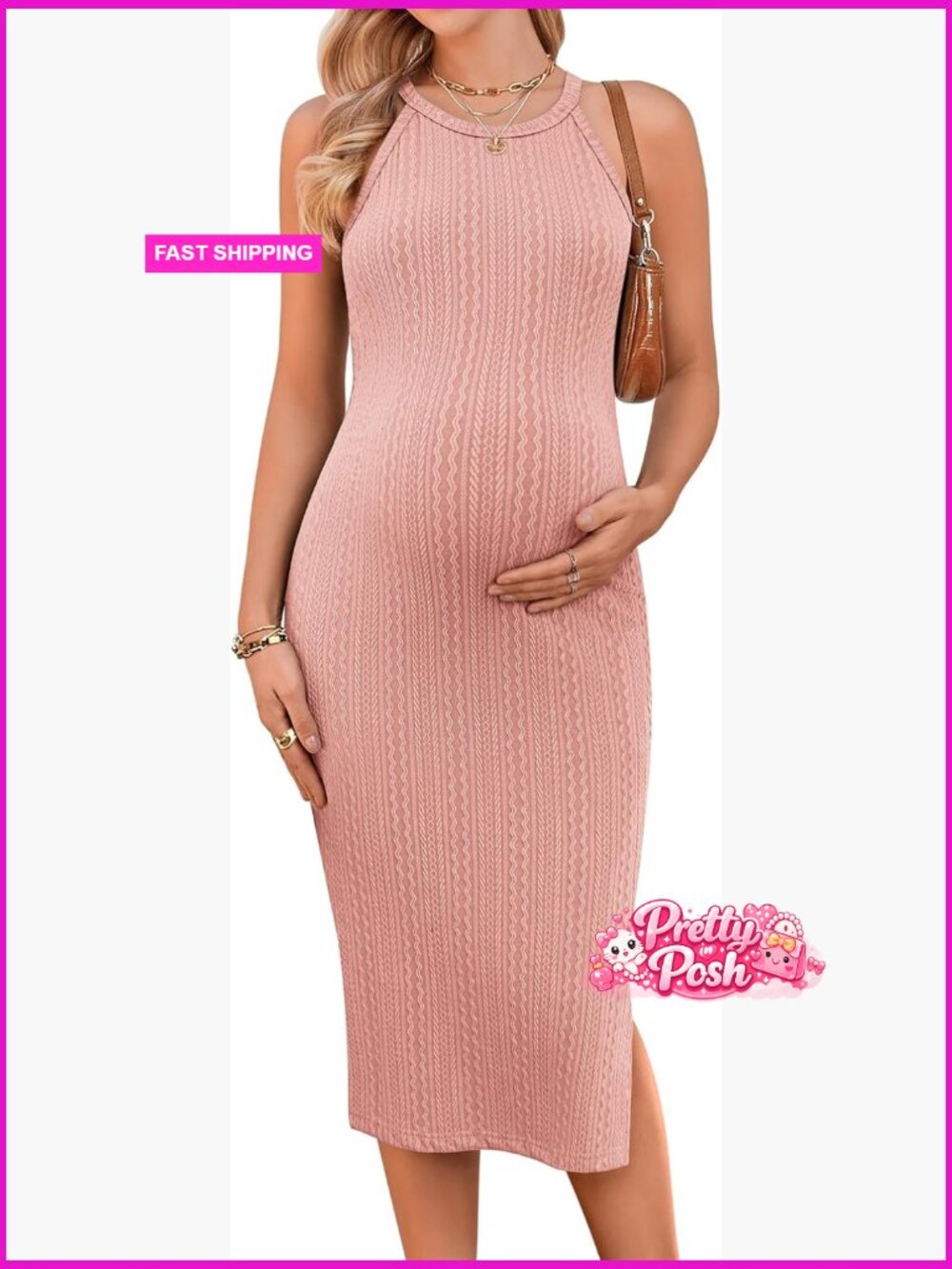 Rib Knit Halter Neck Bodycon Maternity Dress Side Slit